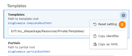 Screenshot showing the "Reset settings" button in the settings popup menu