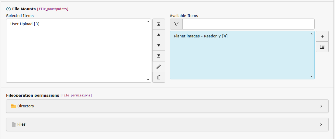 Section "File Mounts" in tab "Mounts and Workspaces" in the backend user group edit form.