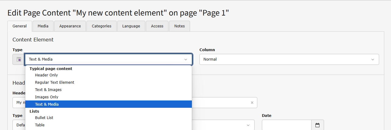 Edit form of a content element in the TYPO3 backend, demonstrating the location of the "Type" selector in tab General