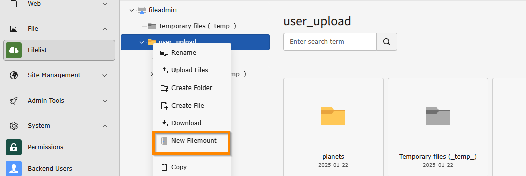 New filemount option in the dropdown of a folder in the Filelist module in the TYPO3 backend