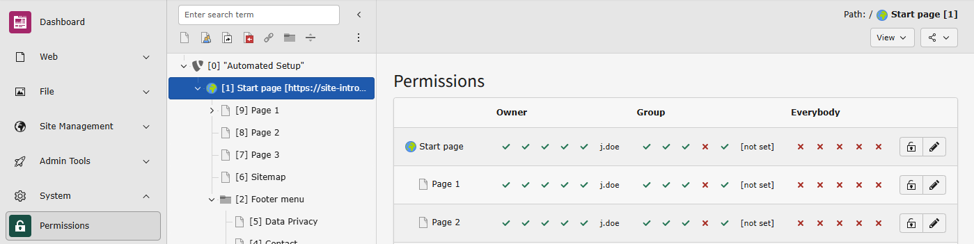 The page permissions module in the TYPO3 backend.