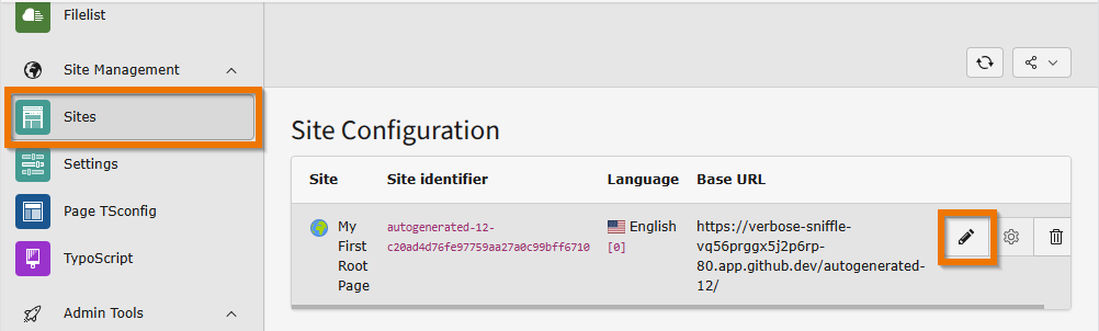 The auto-generated site of a new root page viewed in the "Sites" module